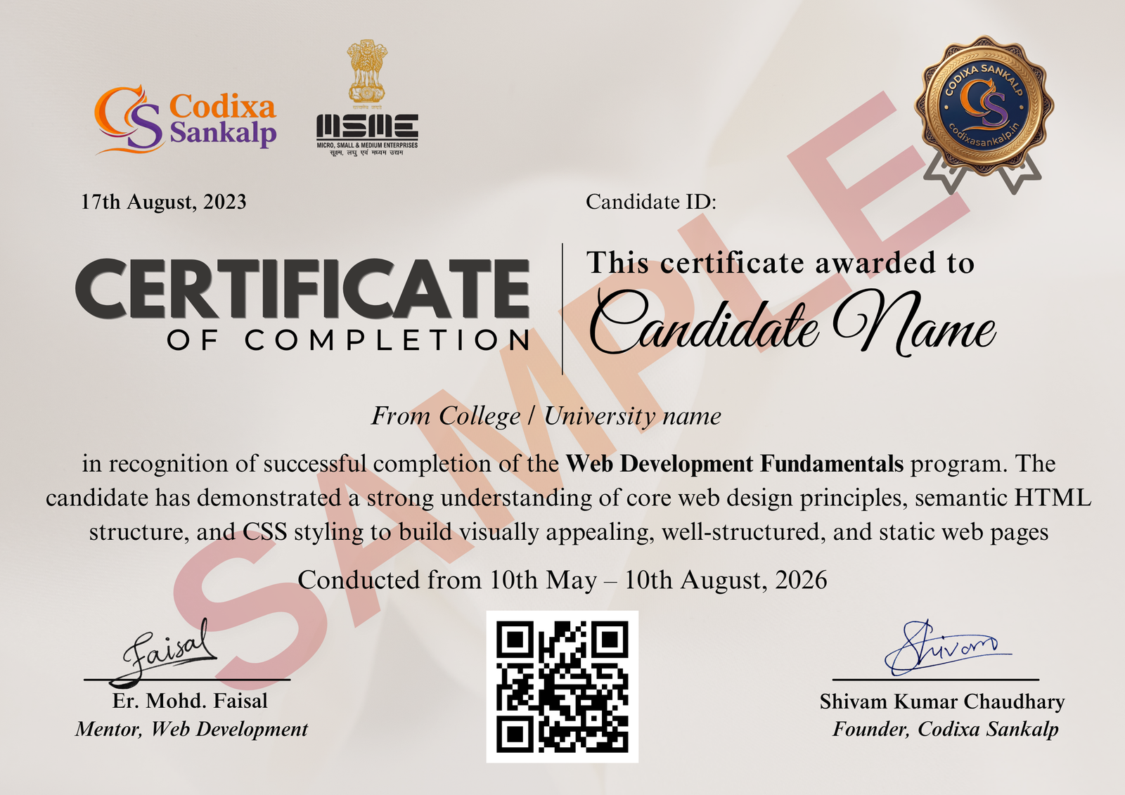 Codixa Sankalp Certificate of Completion